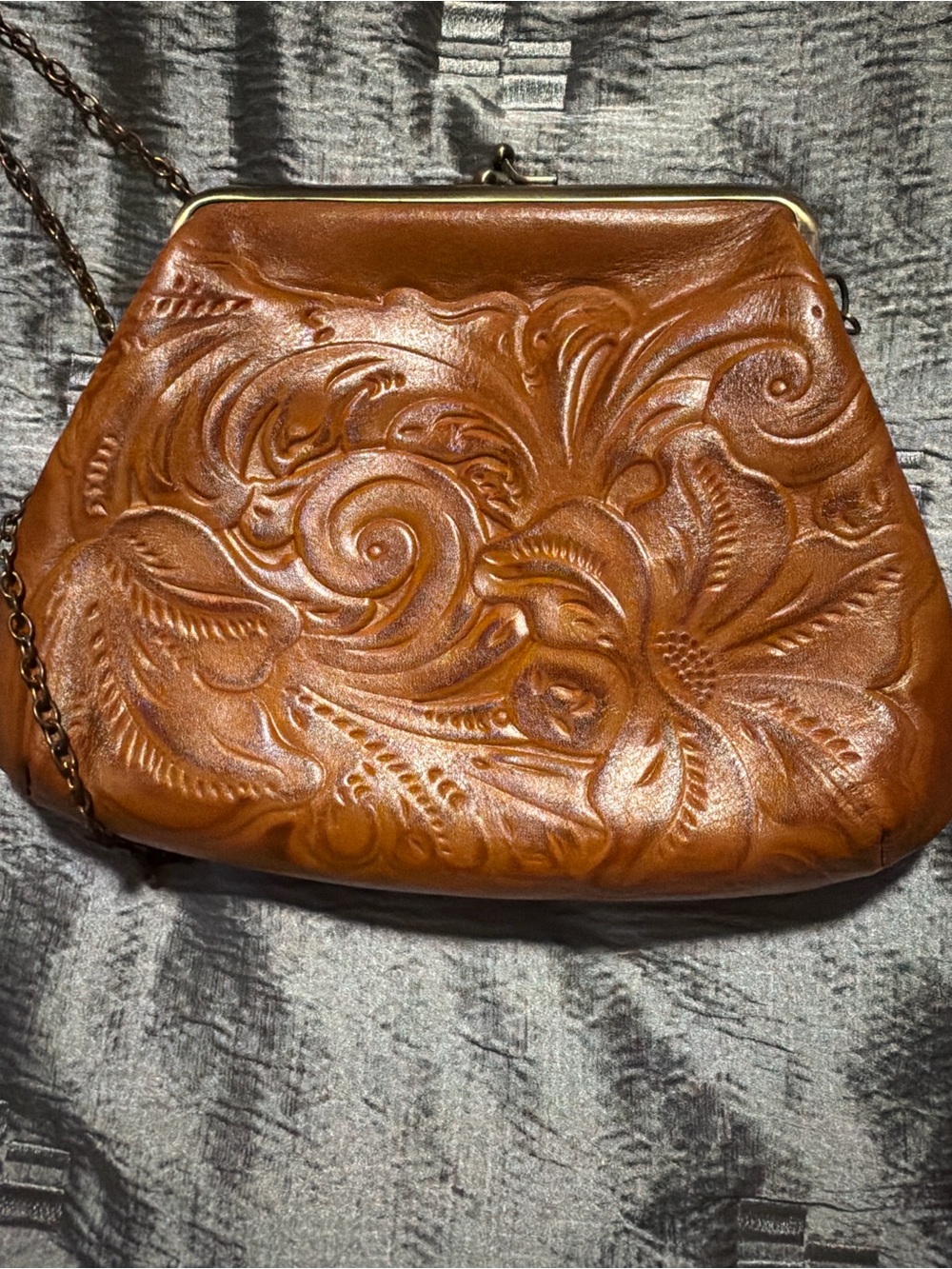 Patricia Nash Tooled Leather Floral Frame Crossbody - Cognac Brown